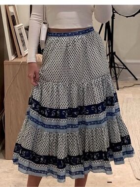 J. Crew Blue and White High Waist Tiered Midi Skirt NWOT Size XS